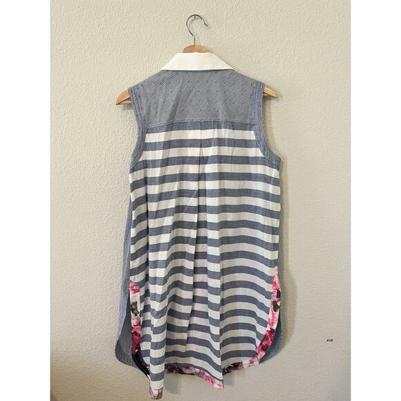 Vincente Tunic Top White Blue Sleeveless Floral Collar Hi Lo Hem Size Medium - Picture 13 of 16